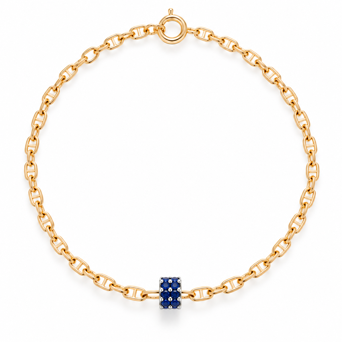 18K gold mariner chain bracelet with blue sapphire bead, by Fantasilvia Fine Jewelry.