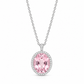 18K white gold pendant necklace featuring a large oval-cut natural pink tourmaline surrounded by a sparkling halo of natural diamonds, finished with a diamond-accented bail.