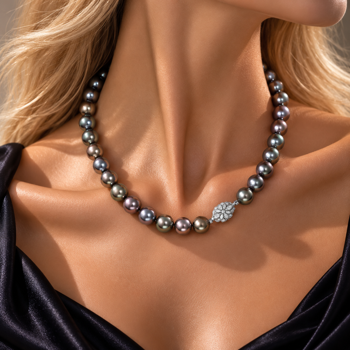 Natural Tahitian peacock pearl necklace featuring lustrous dark pearls with rich green, silver, and violet overtones, finished with an elegant diamond-accented floral clasp.