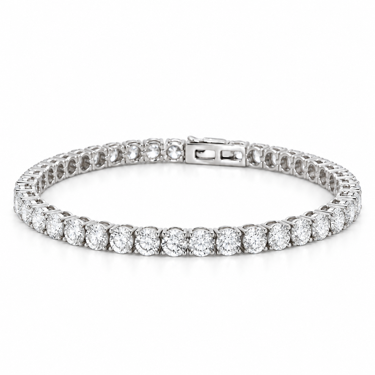 18K white gold lab-grown diamond tennis bracelet featuring a continuous row of round brilliant-cut diamonds in classic four-prong settings with a secure box clasp.