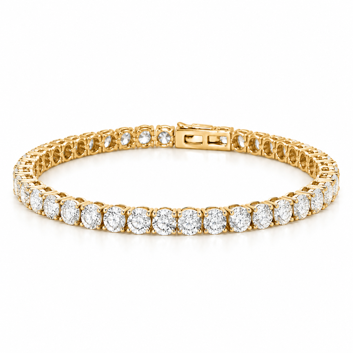 18K yellow gold lab-grown diamond tennis bracelet featuring a continuous row of round brilliant-cut diamonds in classic four-prong settings with a secure box clasp.
