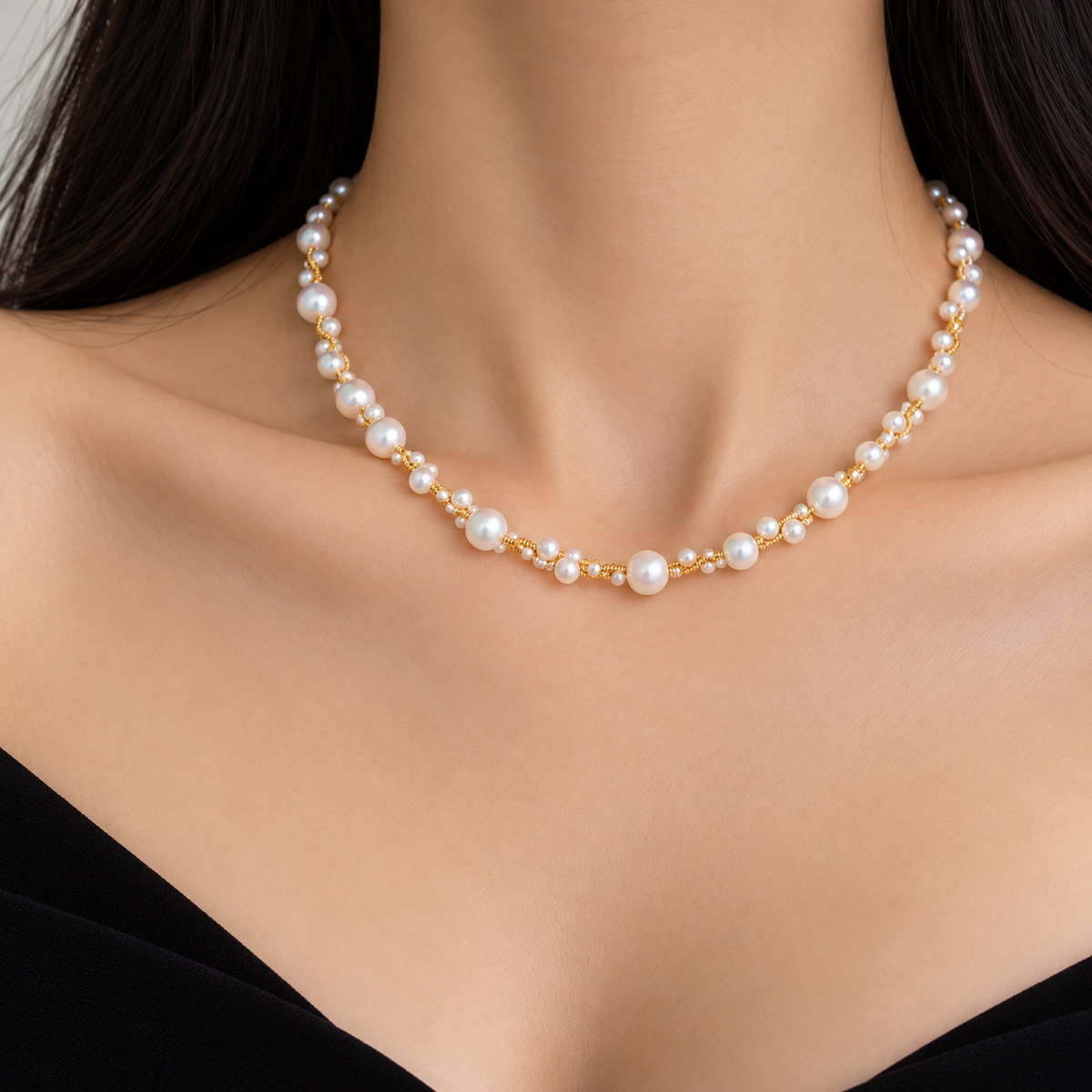 18K yellow gold freshwater pearl necklace featuring lustrous white pearls in graduated sizes, accented with delicate gold beads for an elegant contemporary design.