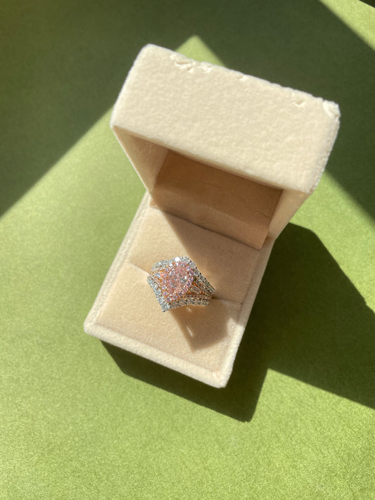 Pink Diamond Halo Ring Stacking Double Chevron Diamond Band