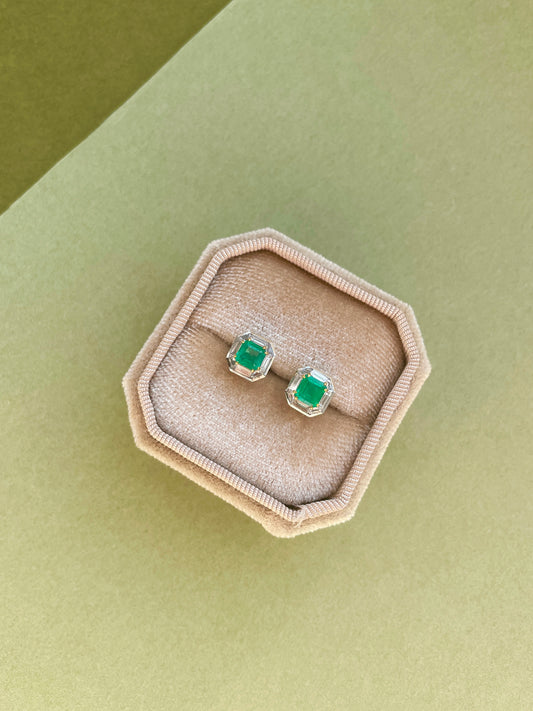 Emerald & Diamond Halo Stud Earrings